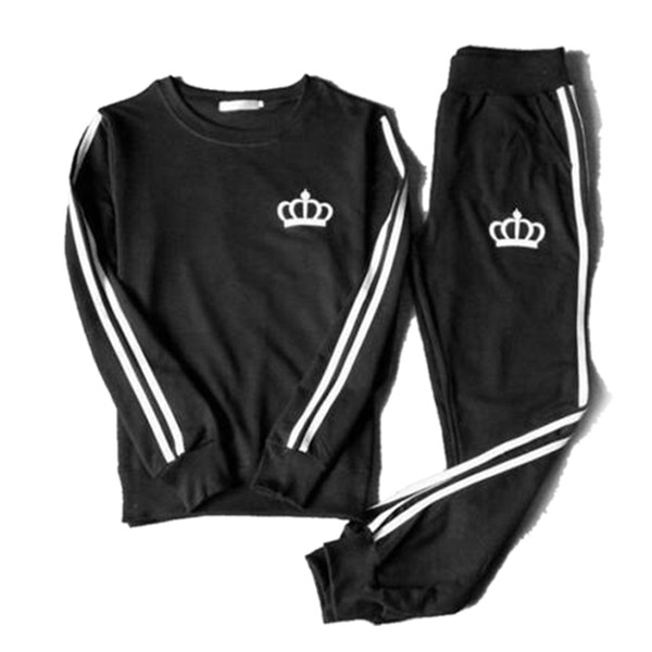 2 pcs set Femme Marque spring fashion tracksuit Women black Crown print Cotton Casual O neck sportwear sporting suit women 2017