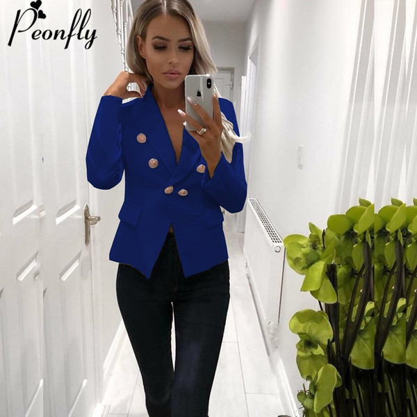 PEONFLY Fashion 2019 Designer Blazer Jacket Women's Single Breasted Metal Lion Buttons Blazer Outer size S-XXL bule balck pink