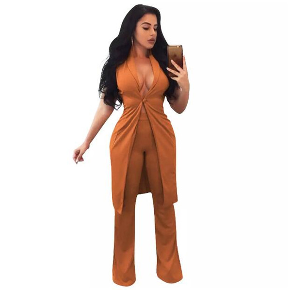 New Fashion Women Two Piece Set Long Vest V-Neck Sleeveless Flare Pants Casual Coat Trousers Set Solid Outfit Outerwear
