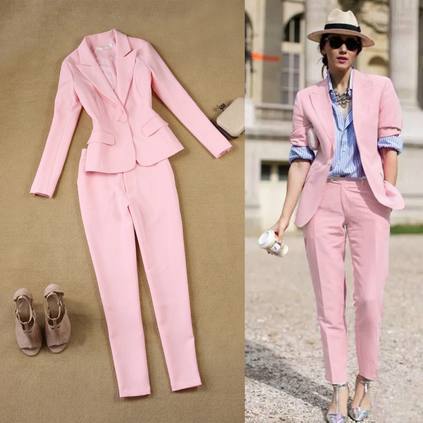 LXUNYI Pink 2 Pieces Pant Suit Women Formal White Suit Female Office Slim Ladies Interview Suits One Button Pants And Blazer Set