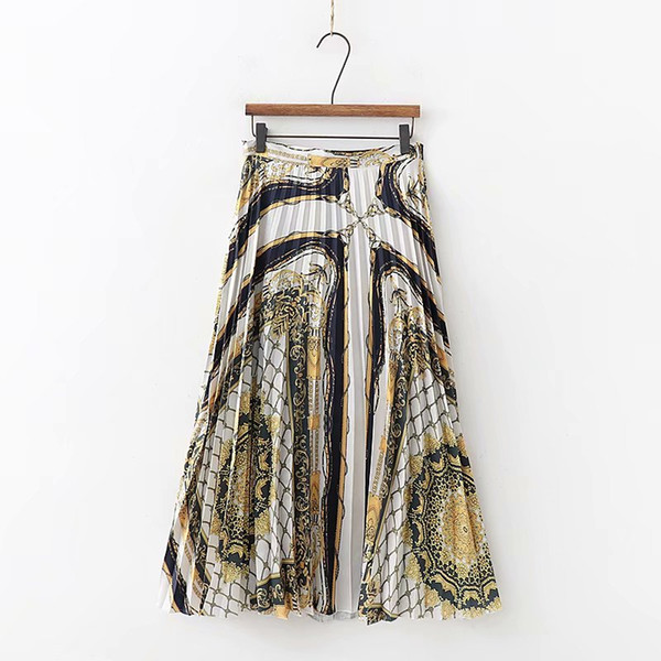 2019 women fashion chain patchwork print retro midi skirt faldas mujer side zipper irregual hem casual pleated skirts