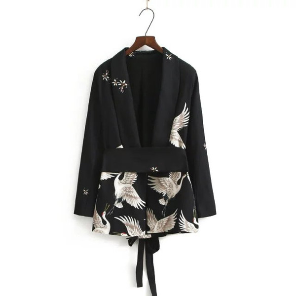 Red-crowned crane printed Belt Vintage Mid length suit coat for women Chinese Style Black Thin No closure women's Outerwear