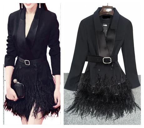 2017 new star same style women's sexy fashion long sleeve v-neck ostrich fur feather patchwork medium long blazer suit coat dress SMLXL