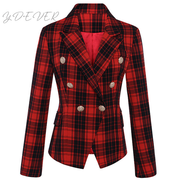 HIGH QUALITY Runway 2019 Designer Blazer Women's Long Sleeve Double Breasted Lion Metal Buttons Classic Plaid Blazer Jacket