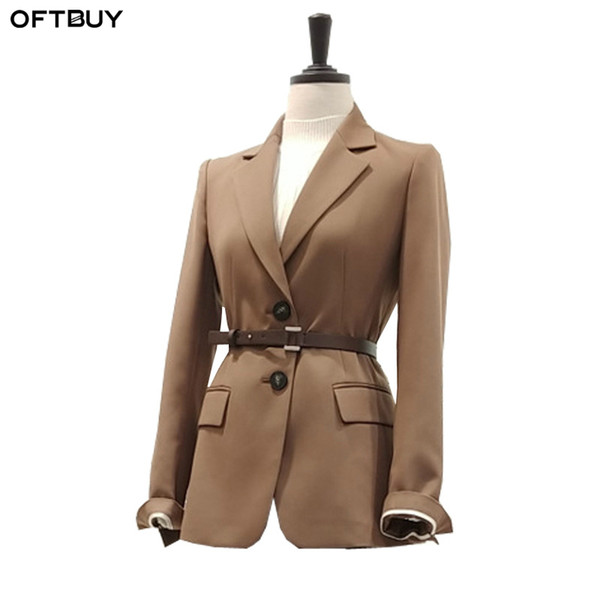 OFTBUY 2019 Blazer Women Coat Jacket Spring Autumn New Fashion Casual Female Single-breasted Long Sleeve Ladies Suit with Belt