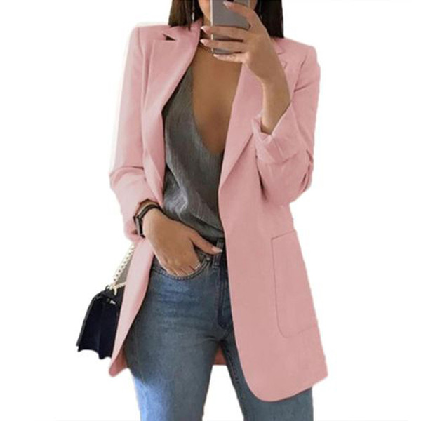 Fashion Women Office Suit Solid Color No Button Lapel Slim Fit Blazer Coat
