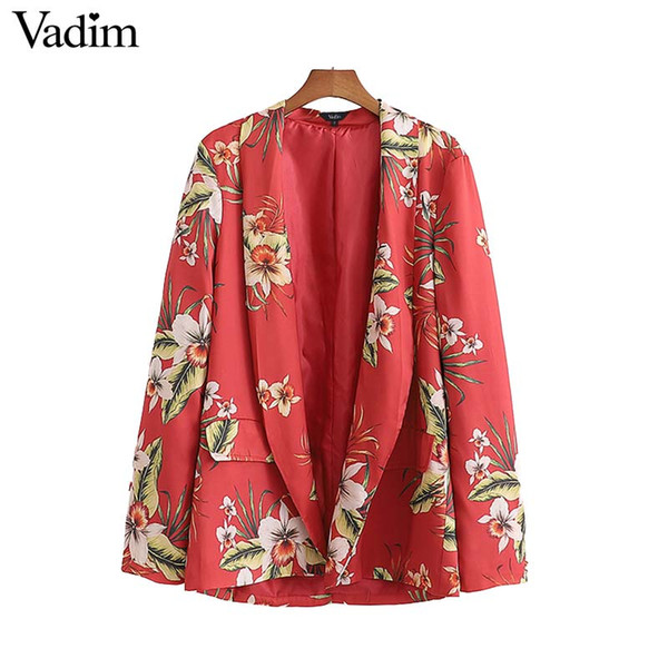 Vadim women stylish floral print long sleeve blazer pockets elegant female casual wear red chic top blusas CA453