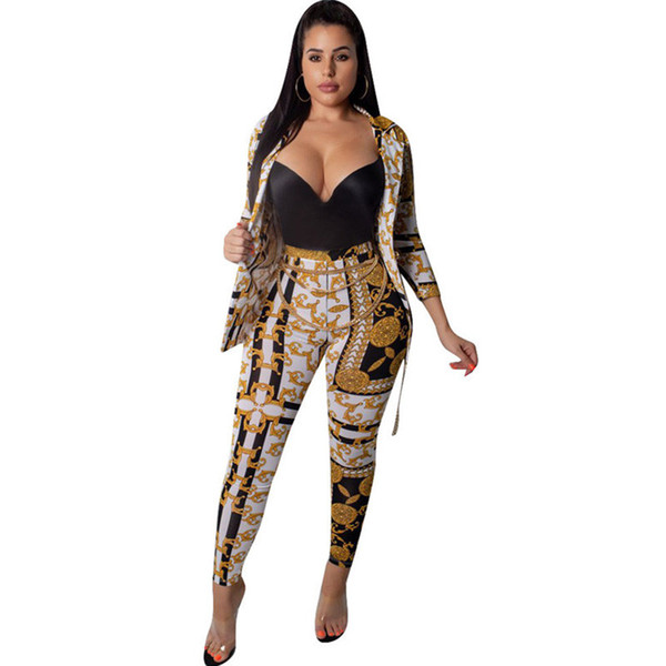 Autumn Winter Sexy Two Piece Pant Suits Women Print Notched Single Button Long Sleeve Slim Blazer Jacket and Tight Pants Set