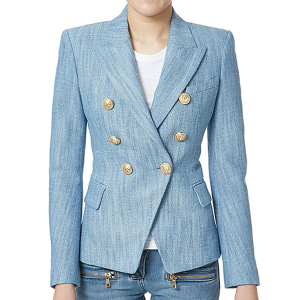 2018 Top Fashion Brand New European Women's Unique Double Breasted Metal Buttons Runway Slim Blazers Light Blue Jacket Blazer
