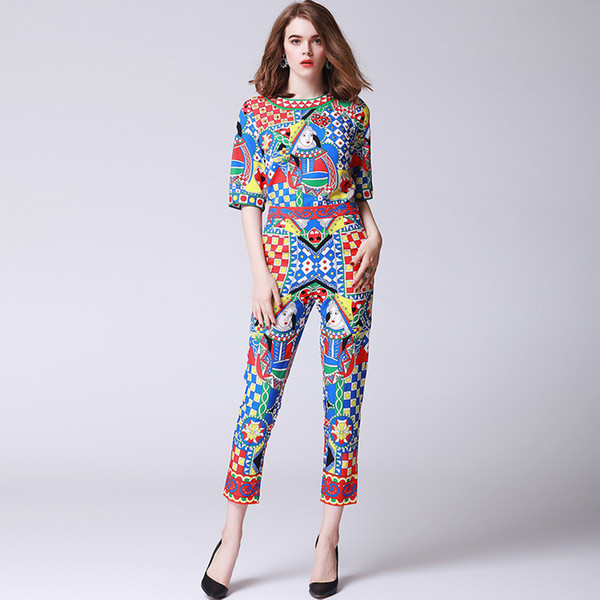 2018 Spring Summer New European Style Women's O-neck Collar Half Sleeves Beautiful Printed Blouses + Pants Two Pieces Sets