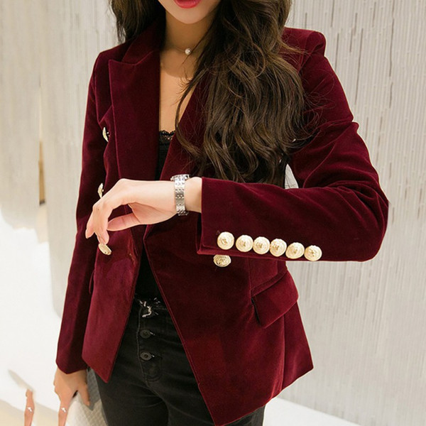 *2018 Autumn Velvet Blazer OL Formal Work Small Suit jacket Women Slim Long Sleeve ladies Blazers feminino Women Gold Button*