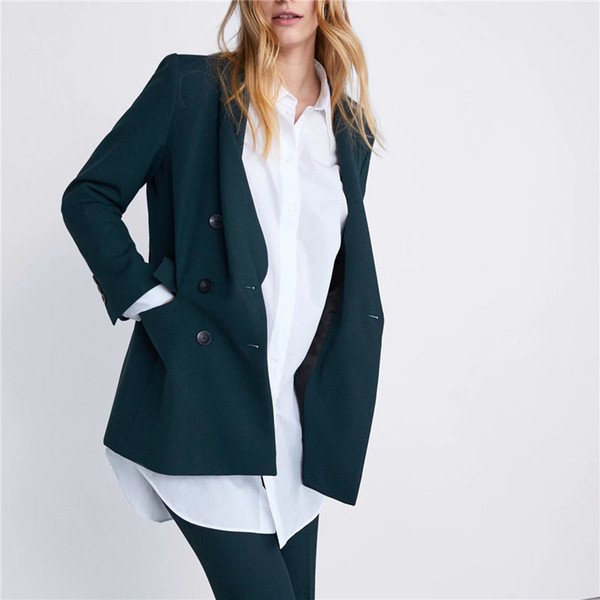 Women elegant fashion green blazer long sleeve notched collar pocket blazer loose coat ladies casual tops