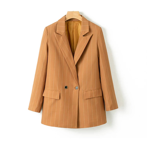 Striped Women Twill Blazers Khaki 2019 Spring-Autumn Loose Ladies Notched Collar Suits Elegant Girls Pockets Blazer Jacket set