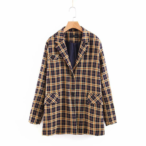 Women-s Vintage Plaid Blazers Boyfriend Style Oversized Casual Jackets Ladies Long Sleeve Loose Suits Notched Collar Blazer Sets