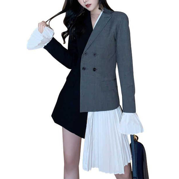 PERHAPS U black patchwork asymmetrical ruffle notch collar long flare sleeve Double-breasted pocket high street blazer C0129