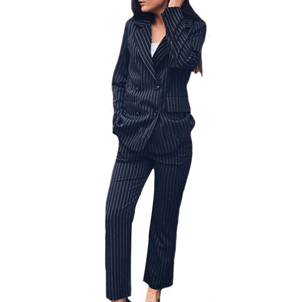 Women Double Breasted 2 Piece Sets Long Sleeve Casual Outfits Striped Blazer Jacket OL Commute Zipper Trousers Work Pant M-XL