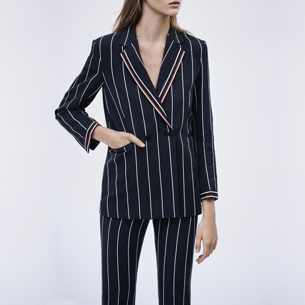 2019 Spring Summer Long Sleeves Notched-Lapel New Stripes Print Lady Blue Blazers Coat M1516
