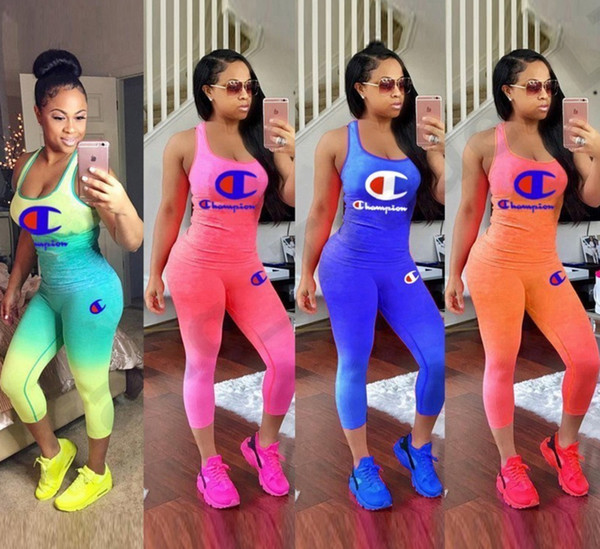 Women Champions Tracksuit Gradient Printed 2 Piece Set Outfit Sleeveless Top + Tights Leggings Pants Summer Sportswear DHL Free