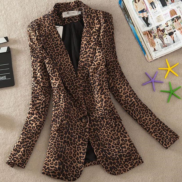 Women Blazer Leopard Print Suit Jacket Female One Button Outerwear casual Long Sleeve coat Plus Size 3Xl