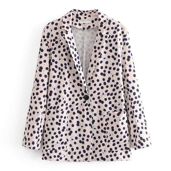 FIRSTTO Stylish Polka Dot Print Notched Collar Blazer Coat Slim Long Sleeve Fashion Women Casual Suit Fit Outerwear Pocket Tops