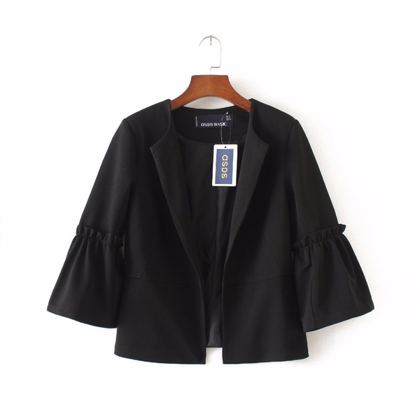 ASDS New Flare Sleeve Open Stitch Crop Blazer High Qulity Spring Autumn OL Elegent Basic Jackets Fashion Black Outwear WWT38389