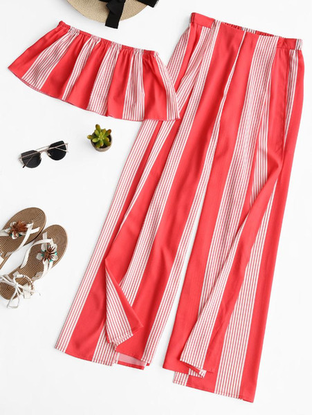 ZAFUL Women Two Pieces Set Stripes Strapless Cropped Tube Top Elastic Waist High Slit Pants Suit Casual 2018 Summer Female Suits