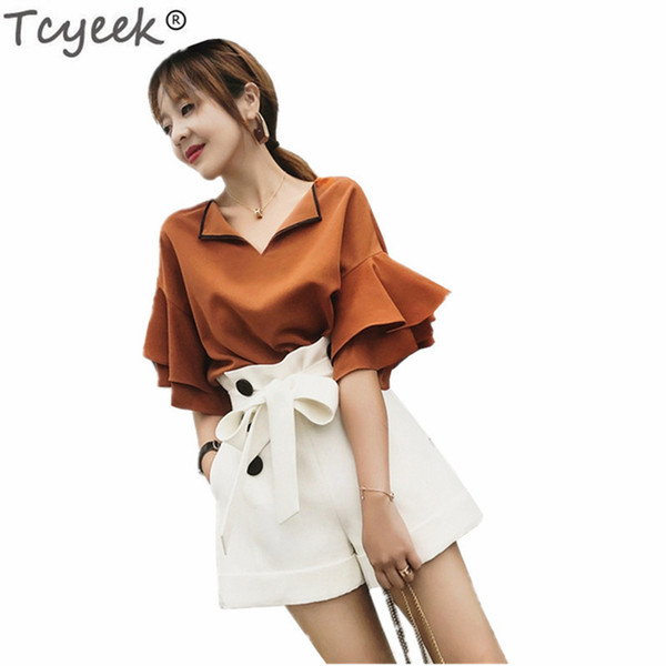 Tcyeek Women's EleSuit Summer 2 Pieces Set Shirts and Shorts Fashion Female Costumes Sweet Office Lady Work Clothes LWL329