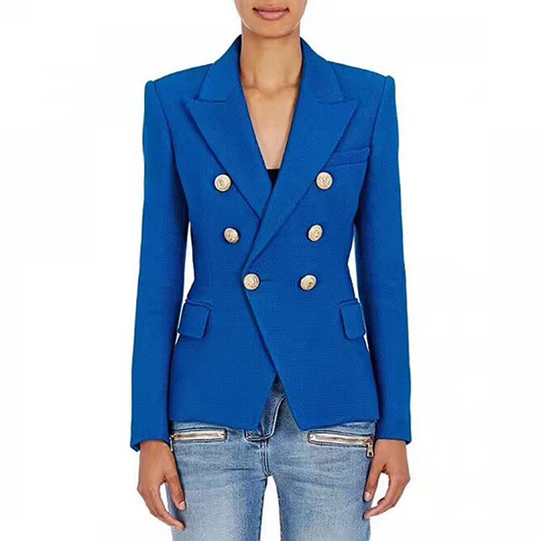 2018 new Casual spring autumn blue Blazer feminino Jacket Women Notched Metal Lion Buttons Double Breasted Blazer Outerwear Coat