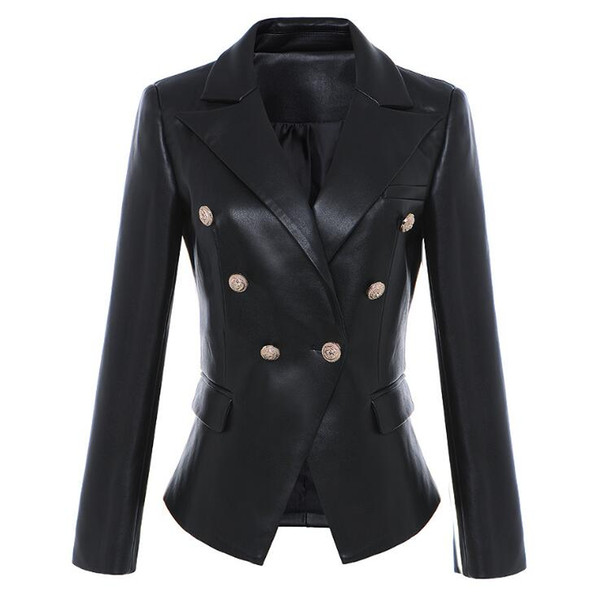 Newest Fall Winter Designer Blazer Jacket Women's Lion Metal Buttons Double Breasted Synthetic Leather Blazer Overcoat