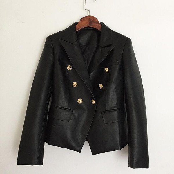 Newest Fall Winter Designer Blazer Jacket Women's Lion Metal Buttons Double Breasted Synthetic Leather Blazer Overcoat XXL