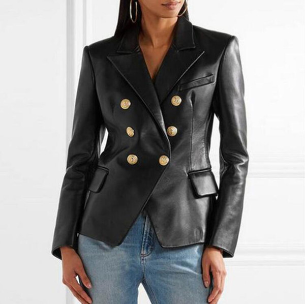 Newest Fall Winter 2017 Designer Blazer Jacket Women's Lion Metal Buttons Faux Leather Blazer Outer Coat