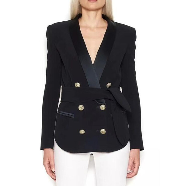 HIGH QUALITY Newest 2018 Designer Blazer Jacket Women's Double Breasted Lion Buttons Lacing Belt Blazer Outer Wear
