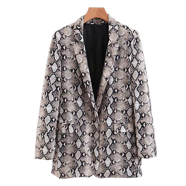 Vintage Snake Print Blazer Pockets Notched Collar Long Sleeve Coat Outerwear Female Retro Loose Casaco Feminines