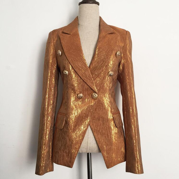 New Fashion Fall Winter 2017 Designer Blazer Women's Lion Metal Buttons Double Breasted Blazer Jacket Outer Coat Gold