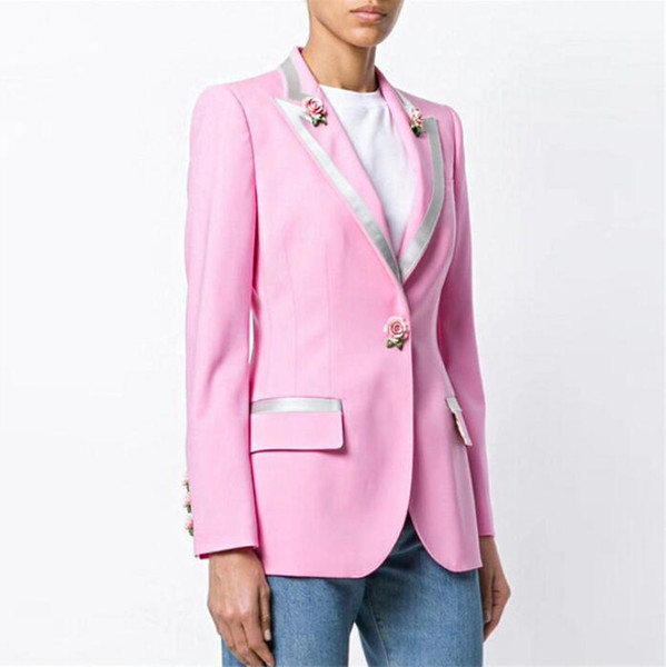 Luxury Designer Brand Women Pink Jacket Rose Print Silk Lining Long Sleeve Blazer 3D Rose Button Designer Elegant Blazer