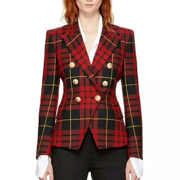 HIGH QUALITY Runway Designer Blazer Women's Long Sleeve Double Breasted Lion Metal Buttons Classic Plaid Blazer Jacket