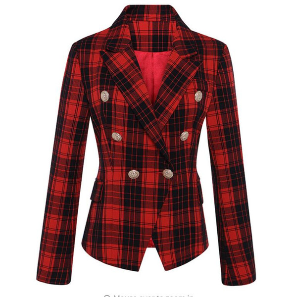 HIGH QUALITY Runway Designer Blazer Women's Long Sleeve Double Breasted Lion Metal Buttons Classic Plaid Blazer Jacket XL