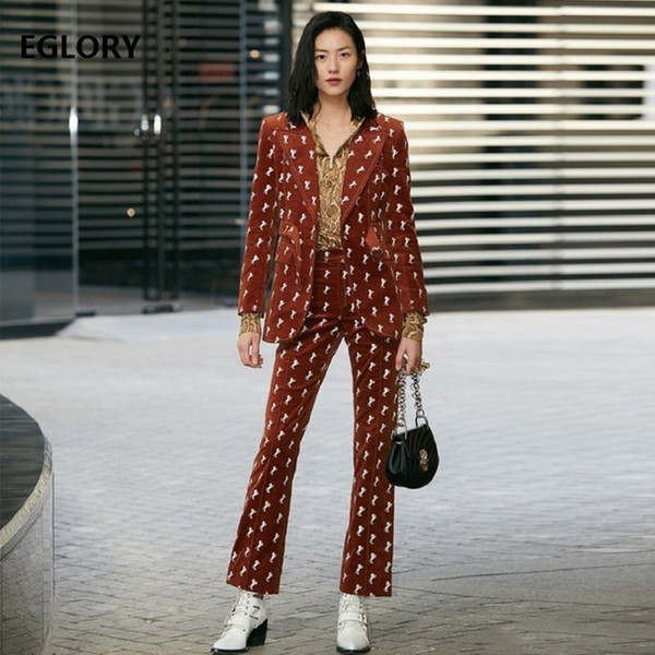 Top Grade Fashion Designer Clothing Set Spring Autumn Blazer Jacket Sets Women Horse Embroidery Blazer Coat+Velvet Pant Set