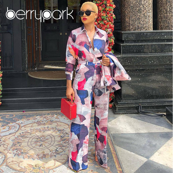 BerryPark High-End Multi Print 3PCS Set 2019 Winter Women Colourful Graffiti Office Lady Formal Party Coats+Shirts+Pants Suits