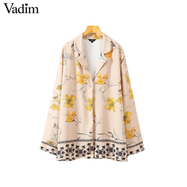 Vadim women vintage floral print loose blazer notched collar long sleeve buttons pleated female fashion outwear chic tops CA077