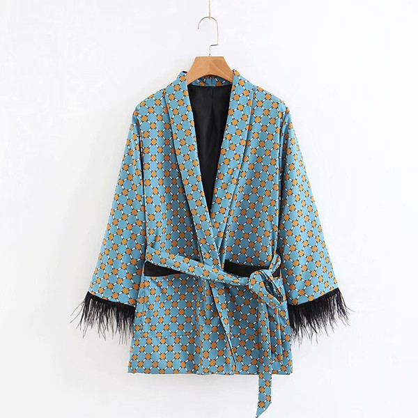 Women Vintage Geometric Dot Print Casual Blue Blazer 2018 Autumn Long sleeve Tassel Kimono Coat Tops Suits Femme C106