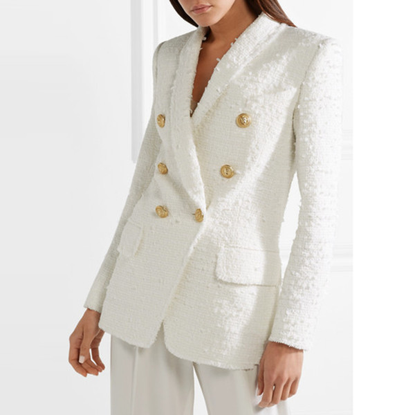 HIGH STREET Newest Runway 2018 Designer Blazer Women's Metal Buttons Shawl Collar Wool Blends Tweed Blazer Coat