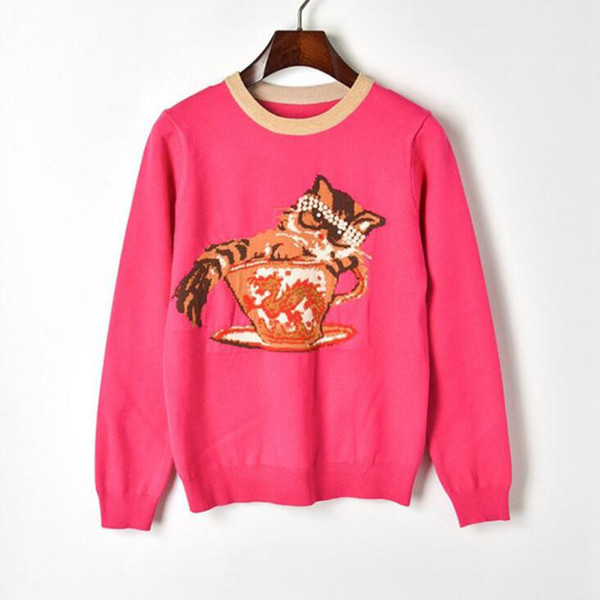 Fashion Designer Women Sweater Pullovers Long Sleeve New Cup Cat Beading Lolita Female Sweaters Fashion Pink Knit Top Jumper