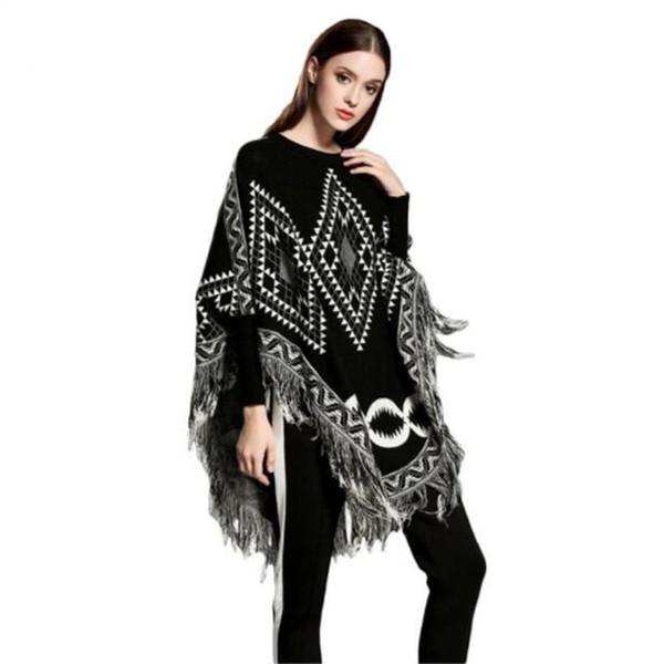 Europe and America New Style Women Sweaters Loose Cape Fringed Shawl Geometric Figure Knit Female Sweater