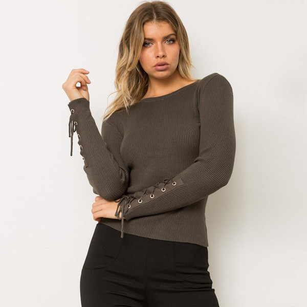 New Arrival Women Tops O-Neck knitted sweater for women fashion top European short style long sleeve side strap sweater woman For Sale