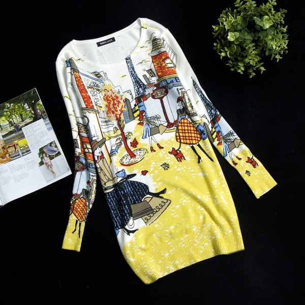 Wholesale- new spring women's print pullover sweater long design sweater dress plus size loose basic blouse high quality