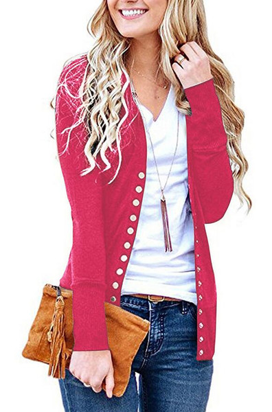 Europe and America hot spring and autumn women short solid color V-neck long-sleeved button cardigan shirt 