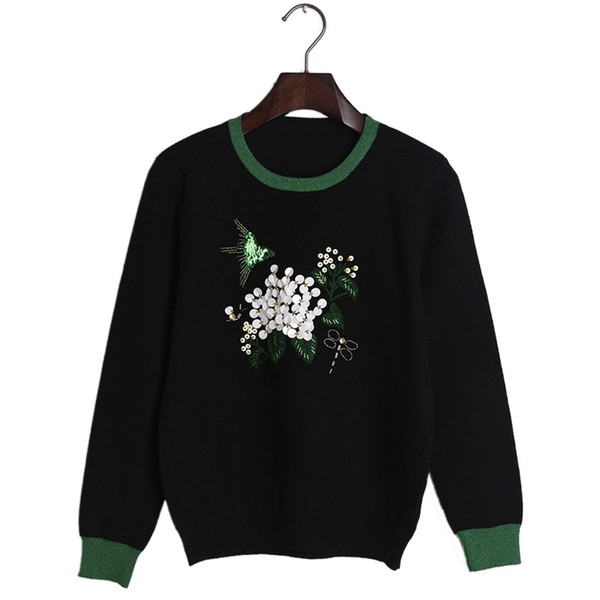 Wholesale-2016 Autumn Runway Designer Pullover Women's High Quality Luxury Diamonds Sequined Birds Floral Sweater Long Sleeve Pull Femme