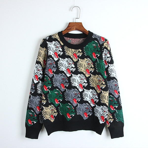 new round neck long sleeves personality wolf head pattern fashion wild style out wear knitted sweater pullover shirt