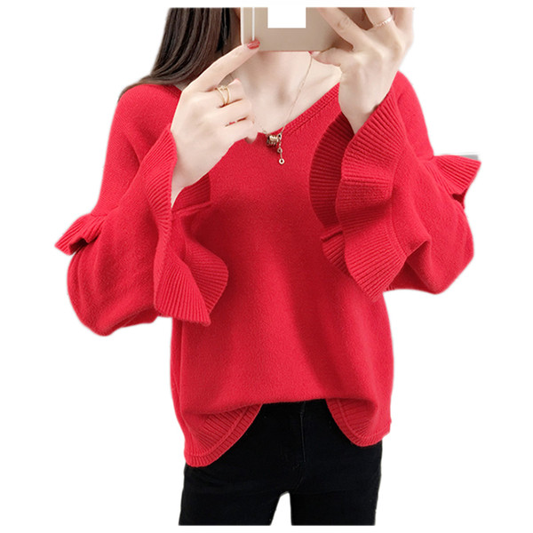 2019 New Spring Sweater Women V-neck Long Sleeve Loose Pullover Women's Basic Sweaters Women Ruffle Knitted Tops Femme NW1526